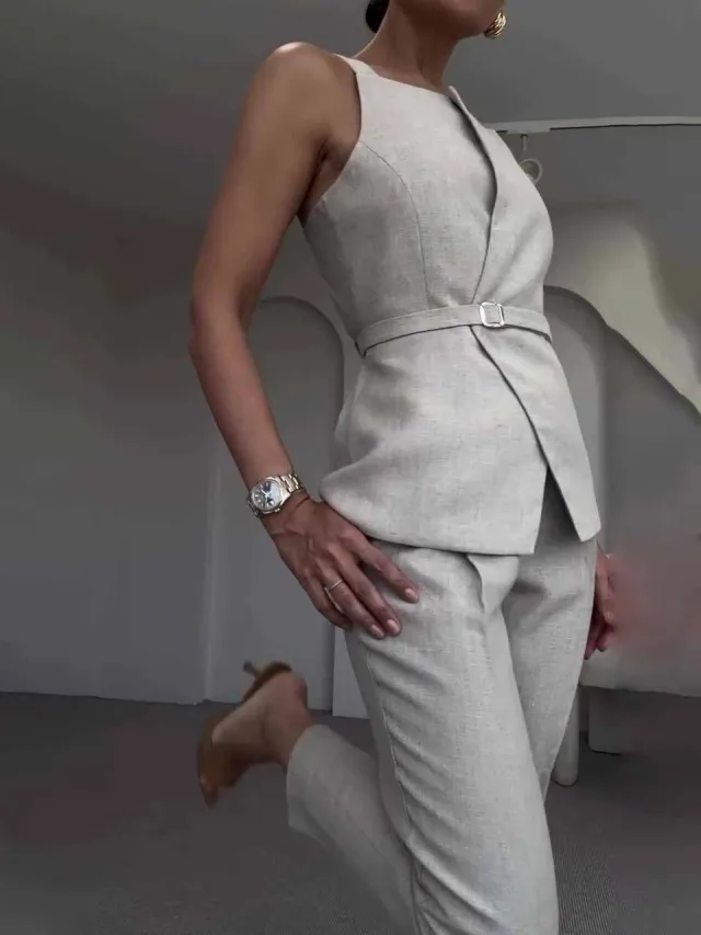 Linen Sleeveless Top & Cropped Pants Set Grey - Shop at LoveMi