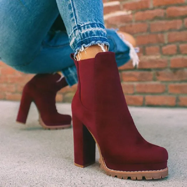 Round toe Ankle Boots Solid Leopard Print Thick Square High Heel Shoes Ladies Casual Fashion Autumn Winter Suede Dress Party Boots Wine - Shop at LoveMi