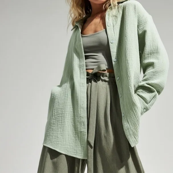 Loose Casual Cotton Long Sleeve Mid length Shirt Light Green - Shop at LoveMi