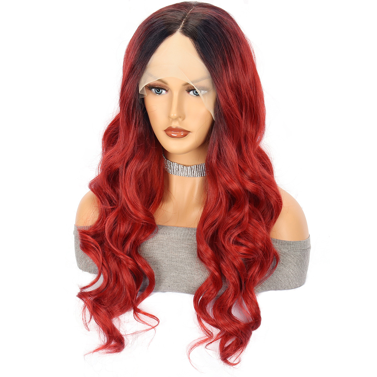 Red Large Wave Long Curly Hair Chemical Fiber Head Cover — foto 5