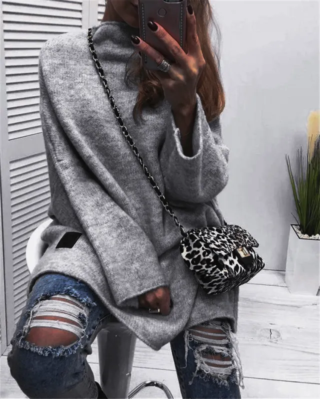 Casual Solid Color Long Sleeved Sweater For Women Grey - Shop at LoveMi
