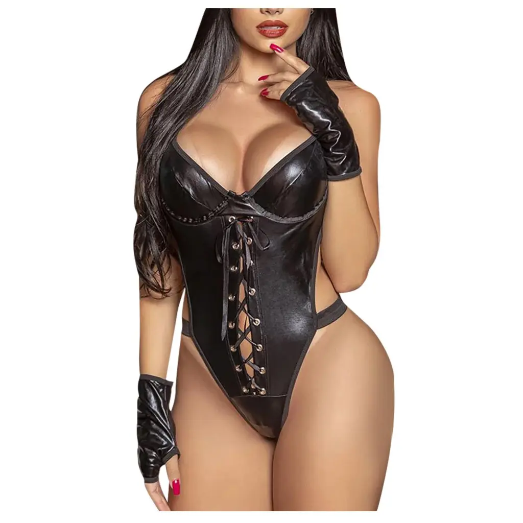 European And American Plus Size Lingerie Womens Patent Leather Uniform - Black