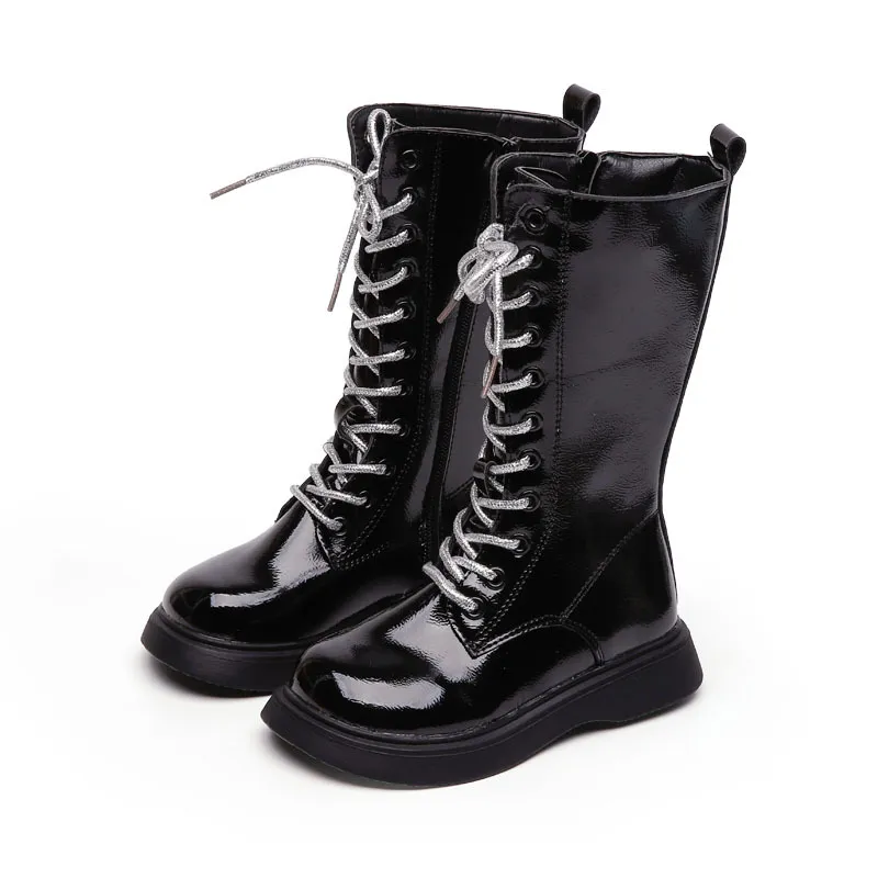 High-Top Girls Long Martin Leather Boots - Black