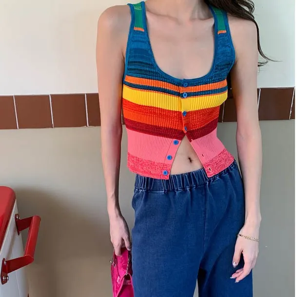 Casual And Personalized Slim Fitting Top Vest Rainbow Stripe - Shop at LoveMi