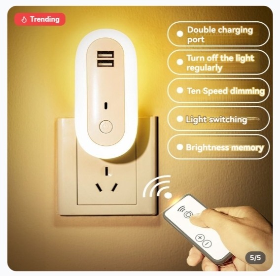 Remote Control LED Night Light Plug In Wall Light With Dual USB Charging Dimmable Lamp With Timer For Bedroom Nursery 4