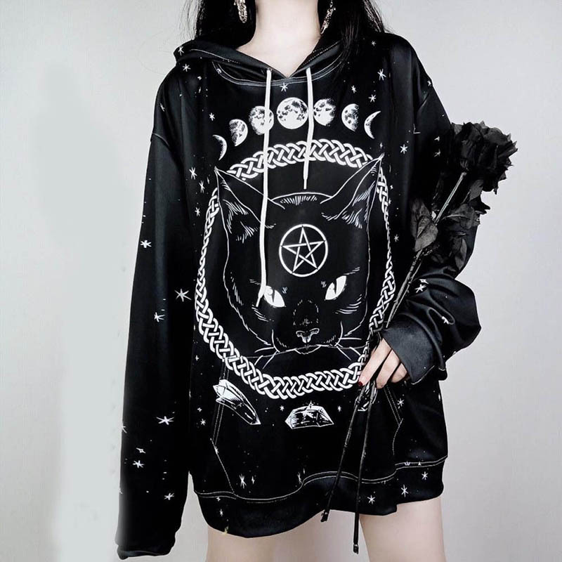 Title 4, Street Gothic Cat Print Loose Hooded Sweater