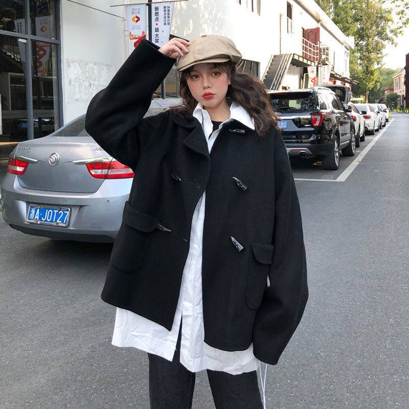 Women's New Loose Short Thick Woolen Coat With Horn Button