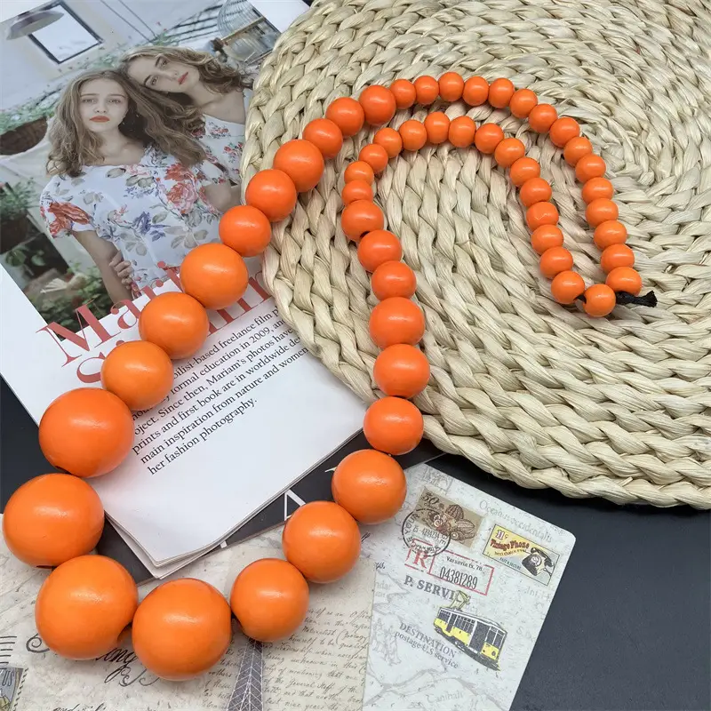 Long Wooden Bead Necklace Bohemian Ethnic Style Vintage Beaded Necklace