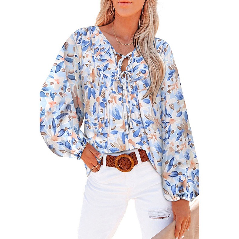 Women's New V neck Casual Floral Lace up Shirt Top Light Blue - Shop at LoveMi