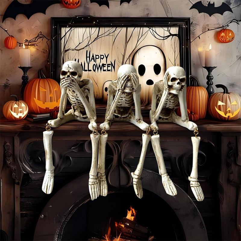 Halloween Skeleton Figurines Set Of 3, Resin See No Evil Hear No Evil Speak No Evil Skeleton Statues, Gothic Shelf Tabletop Mantel Indoor