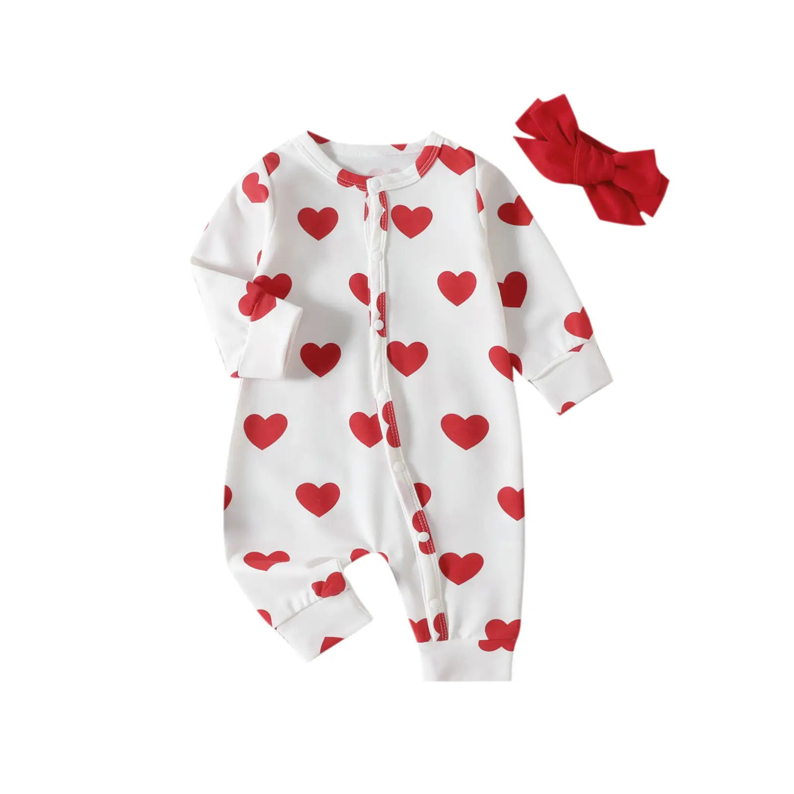 Infants And Toddlers One-piece Climbing Suit Valentine's Day Love Printed Clothes Headband Two-piece Set