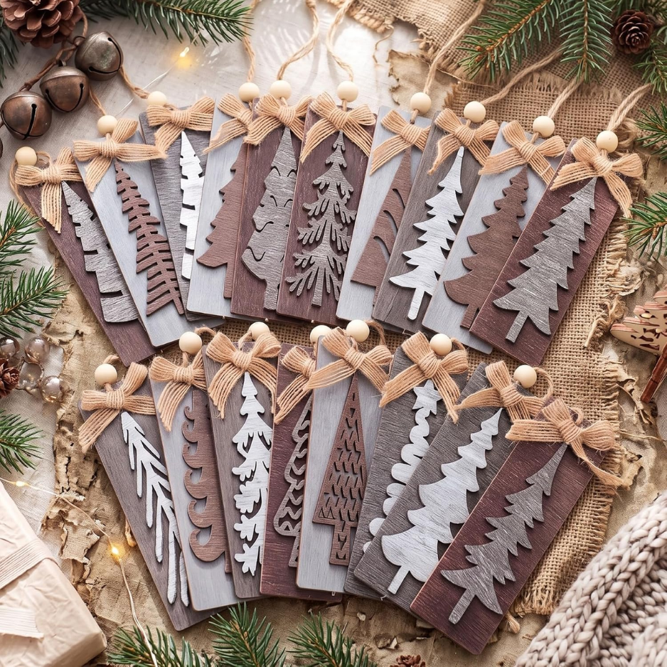 18Pcs Rustic Christmas Tree Ornaments, Mini Wooden Pine Decor