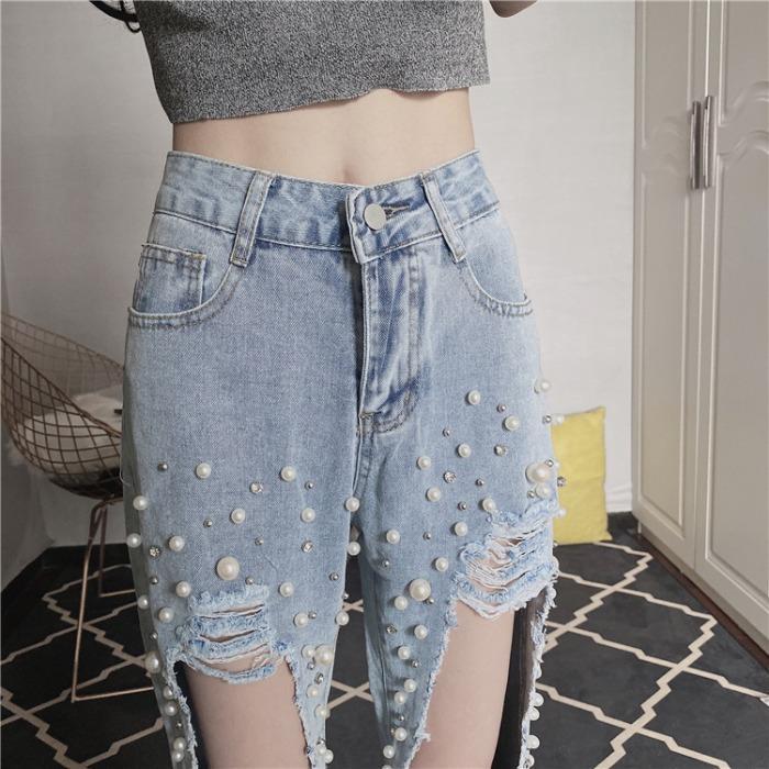Beaded Ripped Jeans Women's Knee-Less Wide-Leg Pants Nine