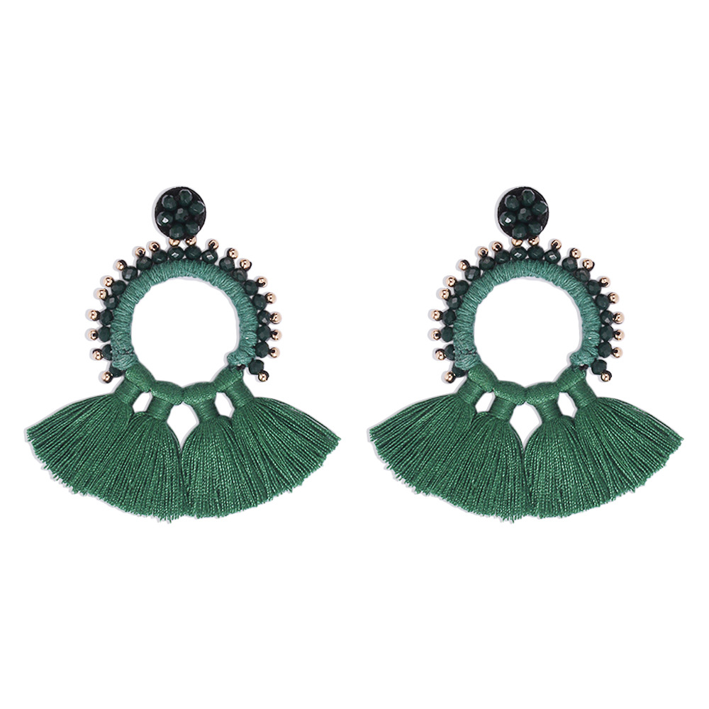 Round Winding Tassel Earrings Ethnic Style Handmade Rice Bead Earrings