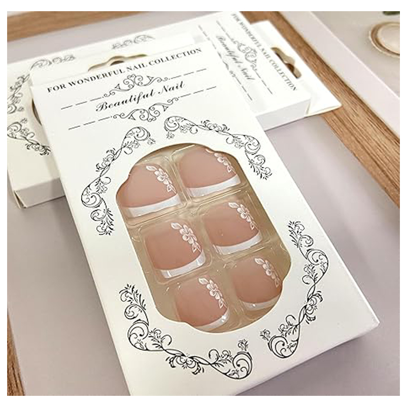 24PCS White Flowers Press On Toenails, French Tip Short Square Fake Toe Nails Full Cover ,Glue On Toenails Floral Designs False Toe Nails For Women Stick On Toenails