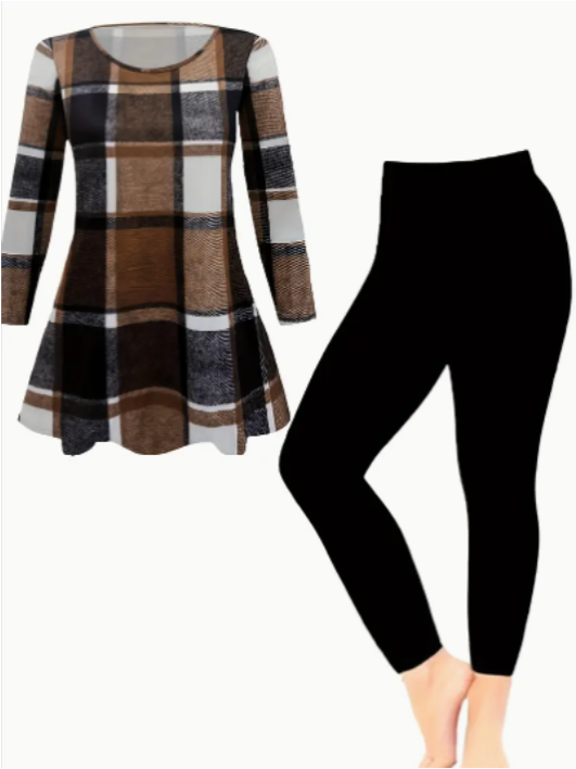 Plaid Two-piece Set, Casual Long Sleeve Crew Neck Top Pants Outfits