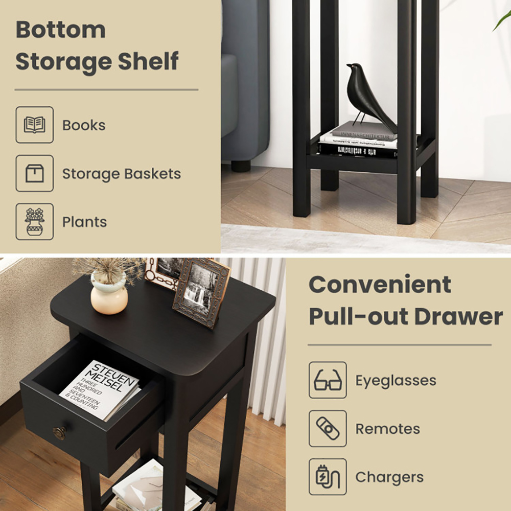 2 Tier Slim Nightstand Bedside Table With Drawer Shelf_voghion.com