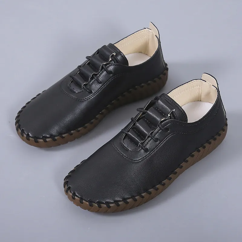 Women's Round Toe Lace-up Mother Soft-soled Flat Shoes - Black