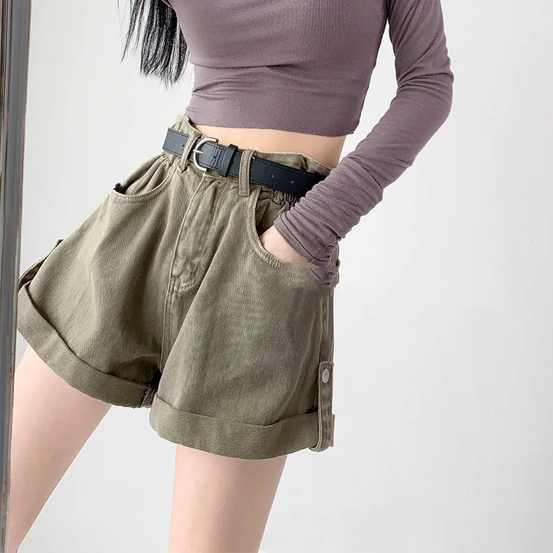 Fashionable Overalls Denim Shorts Women Rolled Hem - Army Green