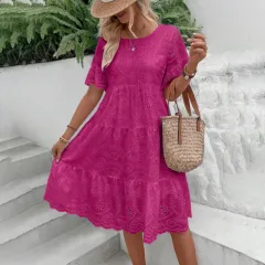 Women's Round Neck Embroidered Lace Short Sleeve A-Line Elegant Summer Vacation Dress - Rose Red - View 1