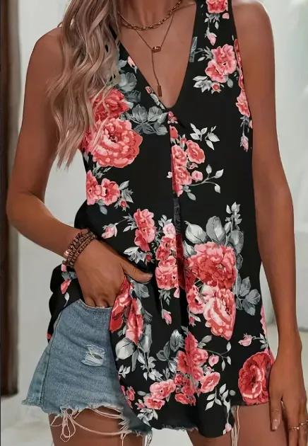 Floral Print V Neck Tank Top, Elegant Sleeveless Top For Spring & Summer, Women's Clothing Black - Shop at LoveMi