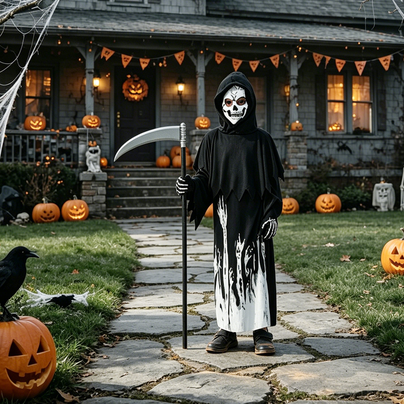 Glow In The Dark Grim Reaper Halloween Boys Fancy Dress Complete Outfit 5-9 — image 3