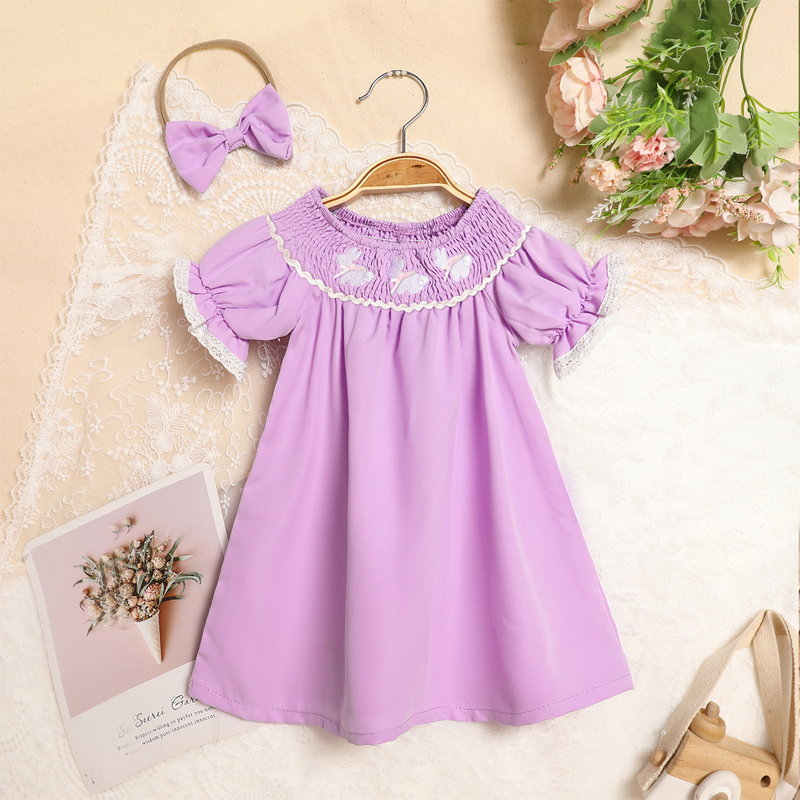 Toddler Girl's Bunny Dress Bow Headband Ruffle Sleeve Smocked Dress With Rabbit Embroidery... thumbnail 3