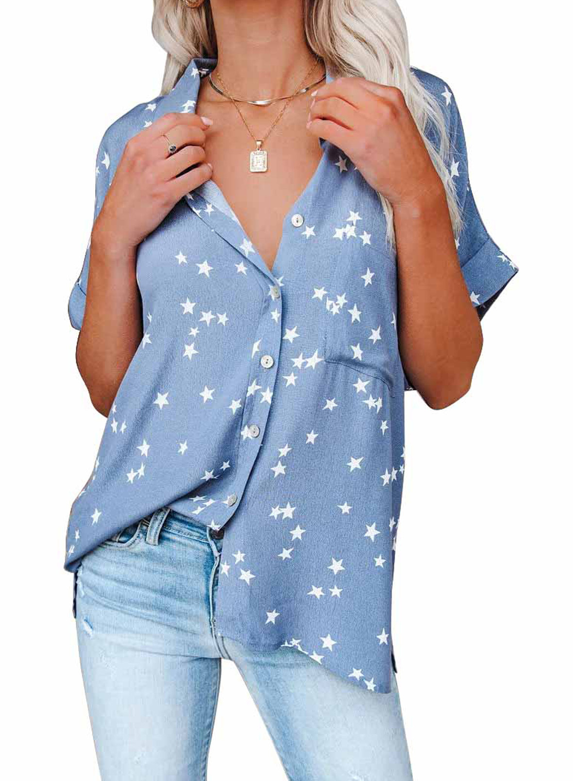Women's Star Print V-Neck Breasted Bat Short Sleeve Shirt