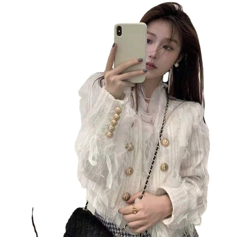 Women's Tweed Light Luxury Design Feather Top Coat White - Shop at LoveMi