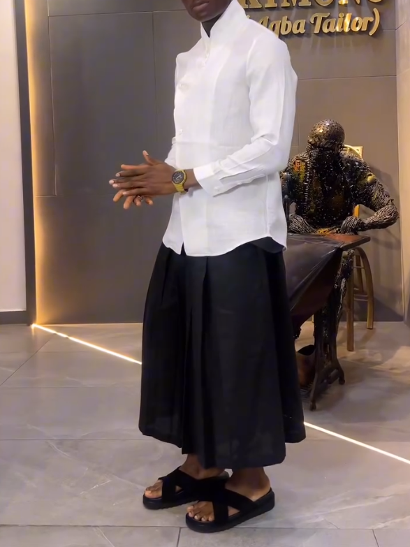 White Asymmetric - Front Long - Sleeve Shirt And Black Pleated Pants Set