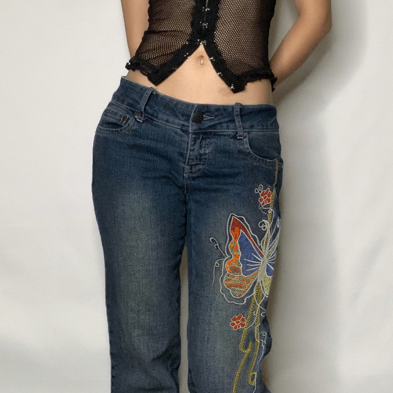 Fashion Women's Sexy High Waist Retro Individual Butterfly Print Bootcut Jeans