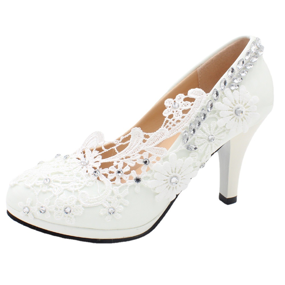 Lace Silver Sequins Adorn White Wedding High Heels