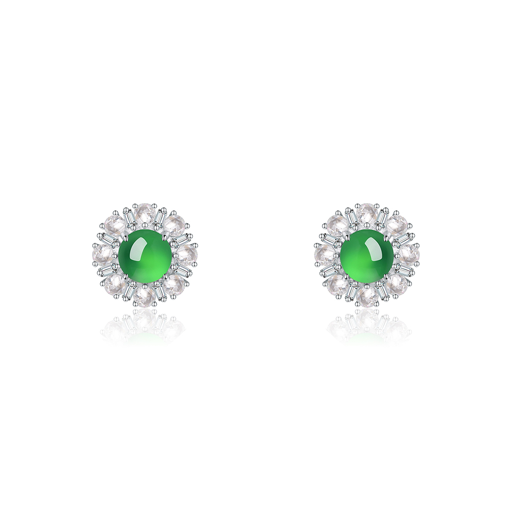S925 Sterling Silver Flower Stud Earrings, 6mm Round Green Chrysoprase, Platinum Plated 3.2g Elegant Women's Jewelry With Gift Box Set