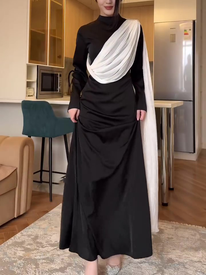 Contrast Color Scarf Waist Long Sleeve Maxi Dress