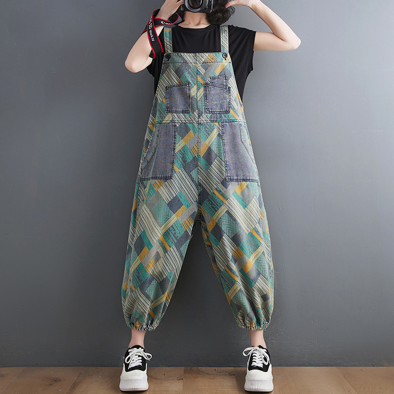 Women's Literary Retro Plus Size Printed Denim Overalls