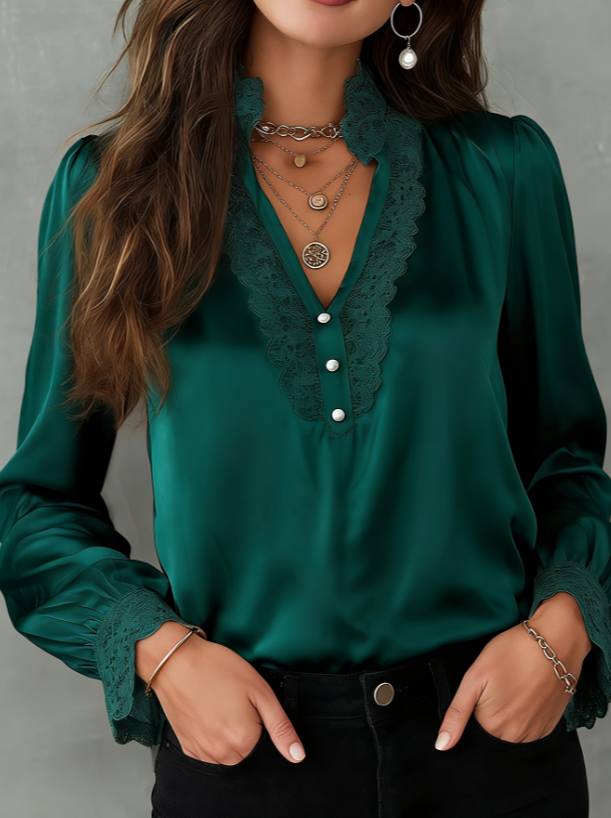 Satin Lace-trimmed V-neck Puff-sleeved Shirt