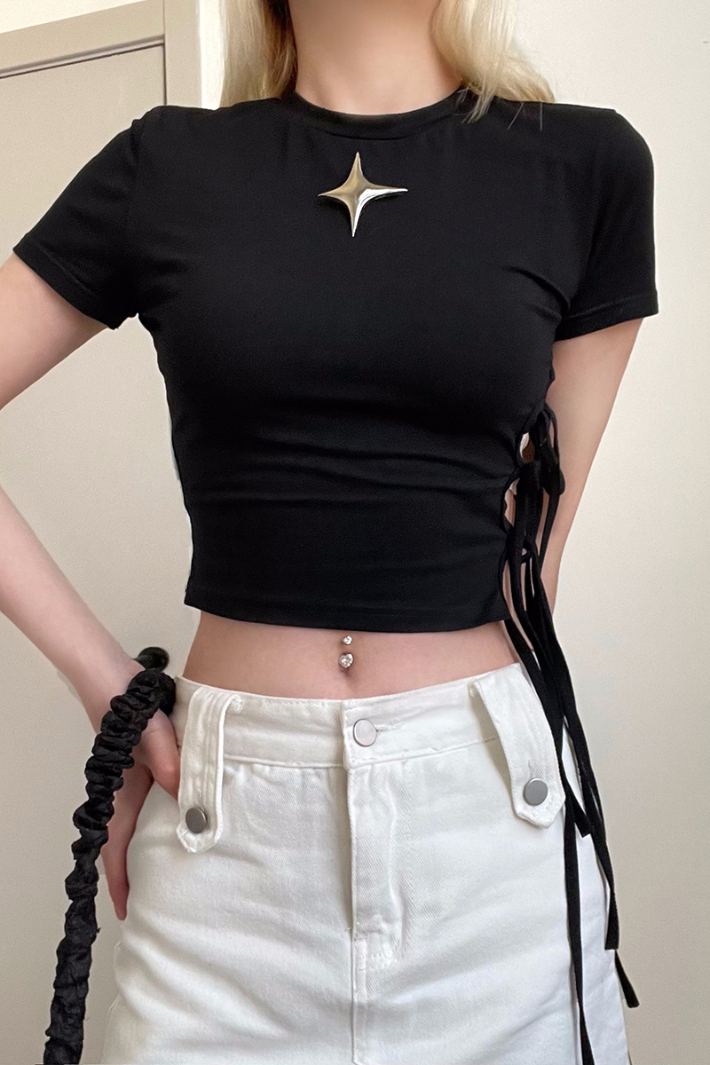 Women's Dark Metal Decorative Side Waist Hollowed Out Strap Short Sleeved T-shirt