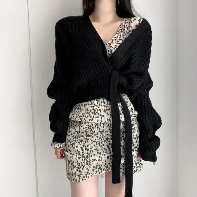 Lazy V neck Lace Up Taro Purple Coarse Needle Sweater Black - Shop at LoveMi