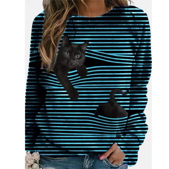 3D Cartoon Pattern Round Neck Stripe Long Sleeve T shirt Navy Blue - Shop at LoveMi