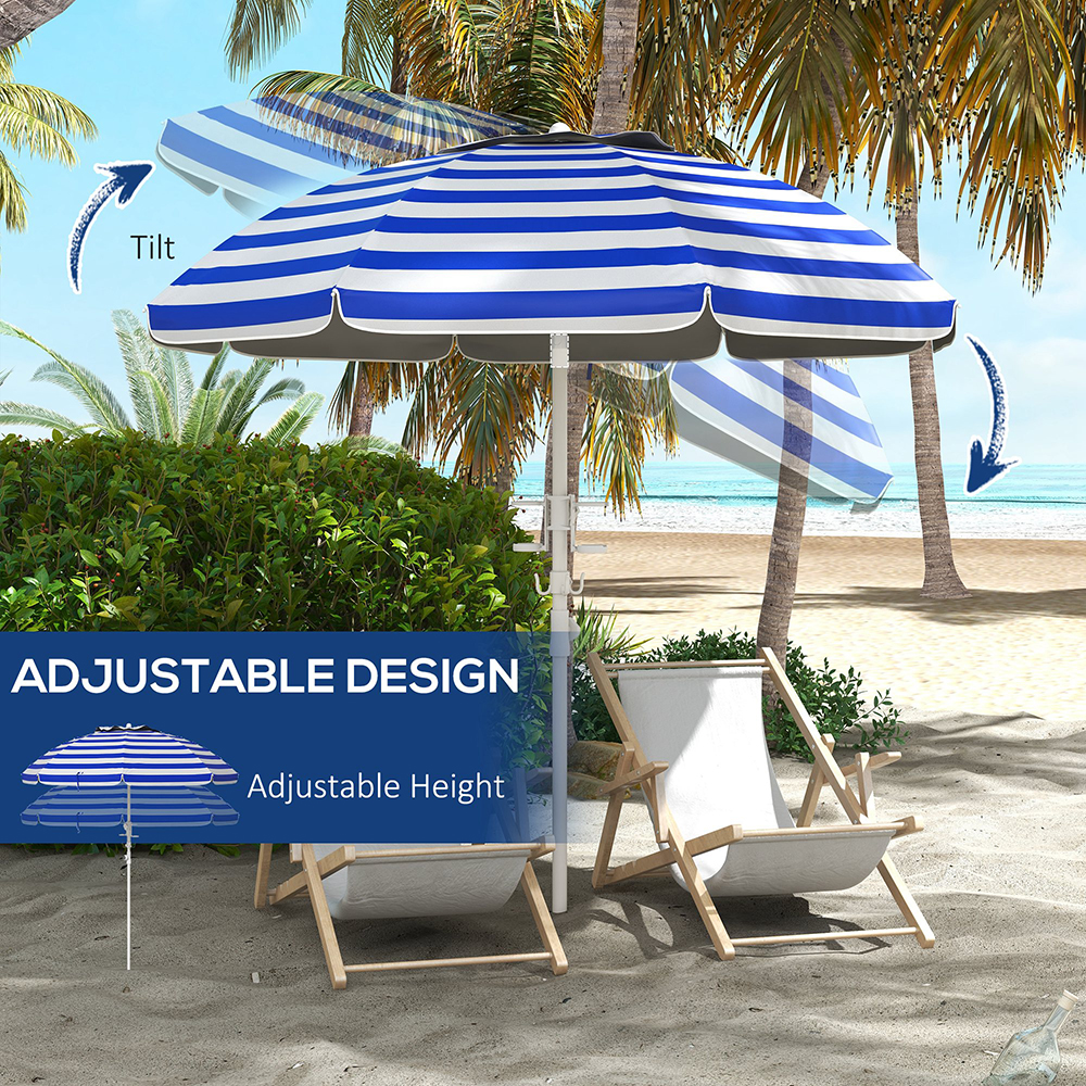 5.7' Beach Umbrella For Travel With Tilt, Adjustable Height, 2 Cup Holders, Hooks, Vent, Ruffles, Blue Stripe, Sapphire Blue