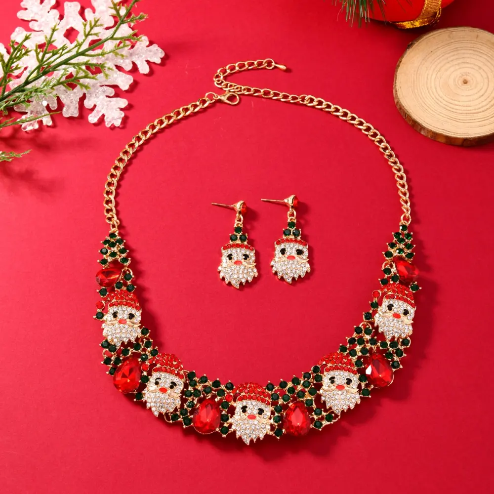 3pcs Christmas Necklace Earrings Set with Colored Rhinestones Fashionable