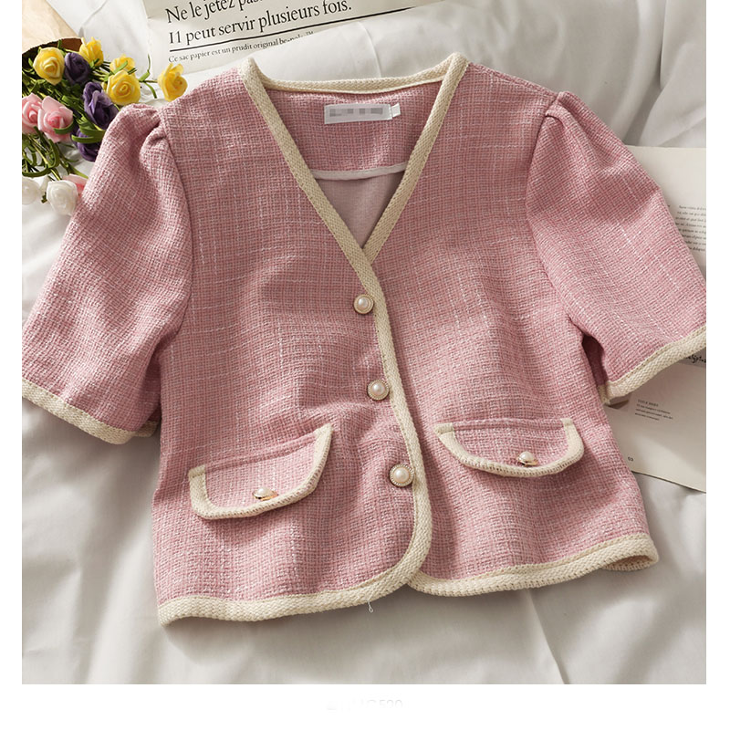 Fashion Ladies Plaid Bound Single breasted Cropped Top Pink - Shop at LoveMi