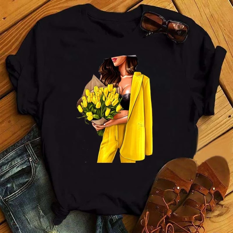 Title 3, Fashion Girl Print Ladies Short Sleeve Top Blac...