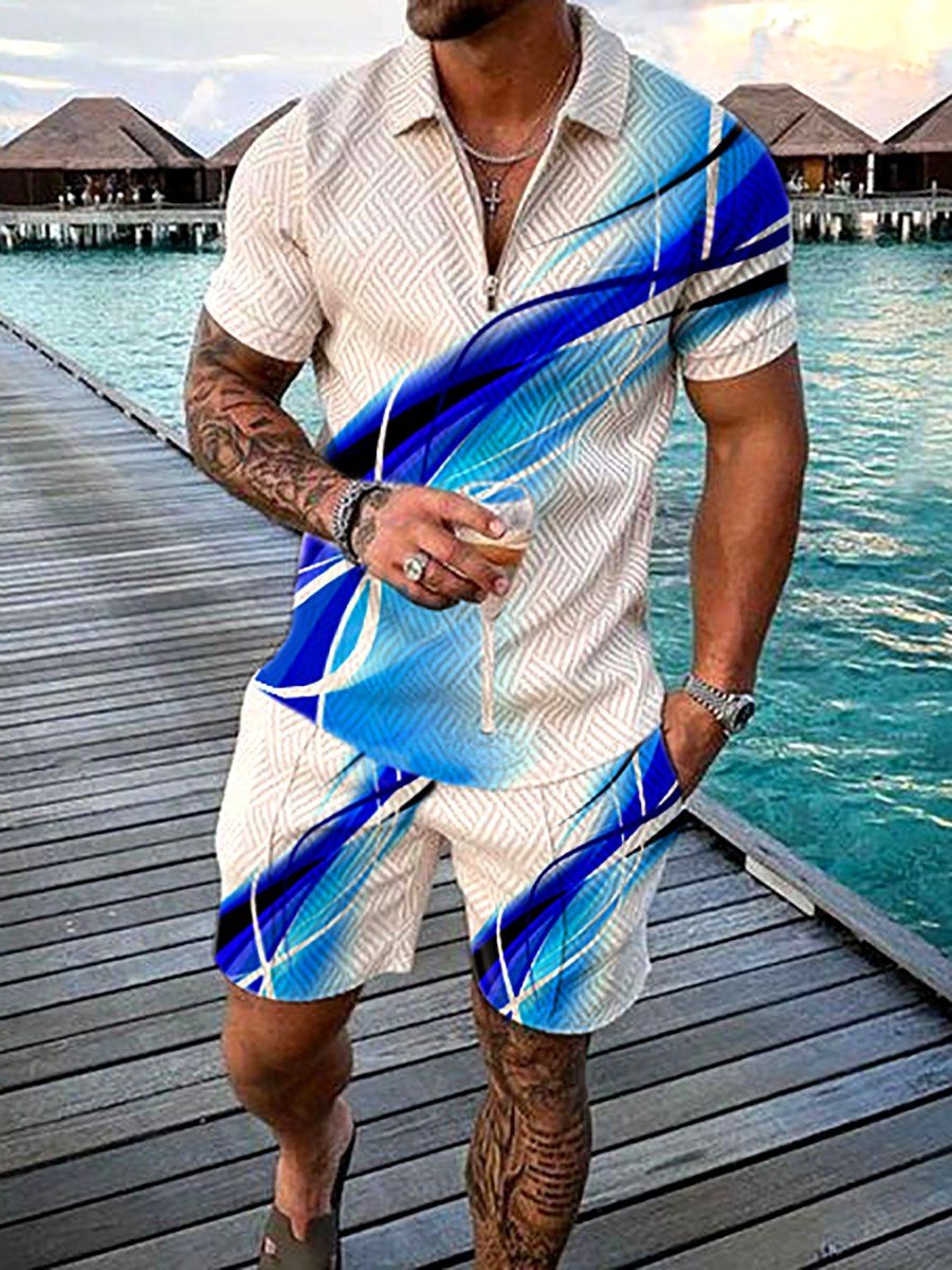 Men's Summer Fashion 3D Printed Short Sleeve Geometric Zip Lapel Shirt Set