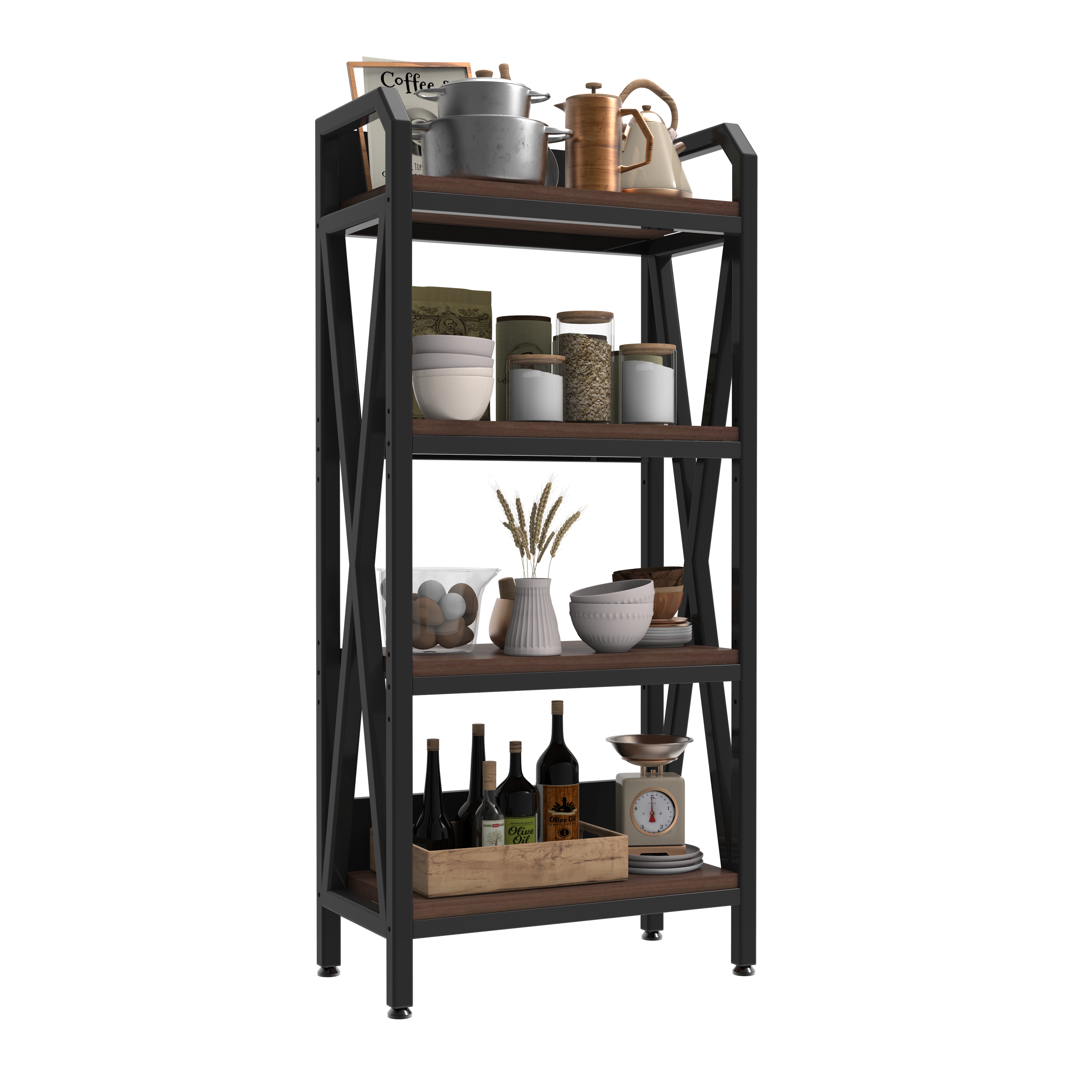 56.30'' Bakers Rack 4-Level Storage Shelves Mental And Wooden Kitchen Shelves, Kitchen Organizers And Storage, For Garage, Pantry, Bathroom ,25.60'' Length