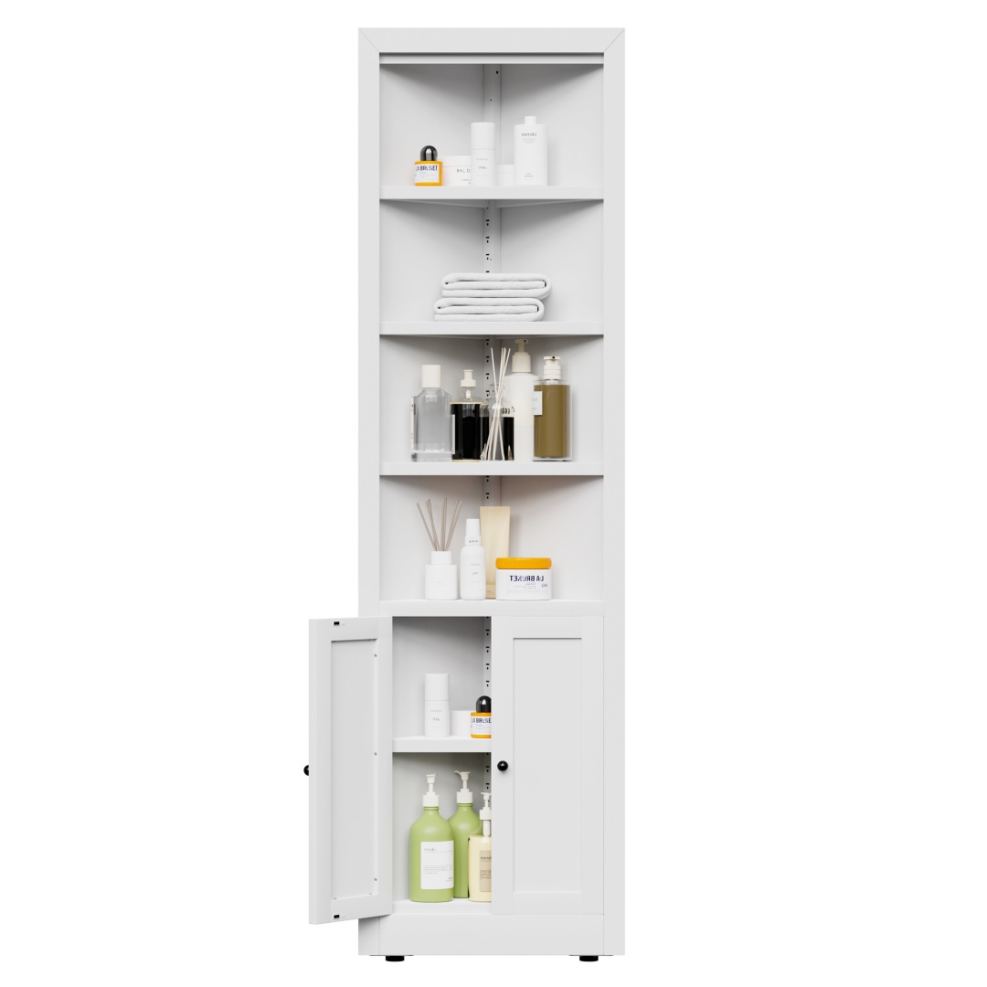 71in Tall Corner Storage Cabinet With 2 Doors, 5-Tier Metal Cabinet With Adjustable Shelves, Freestanding Kitchen Storage For Pantry, Living Room, Bathroom, Laundry Room, Space Saving Furniture, White