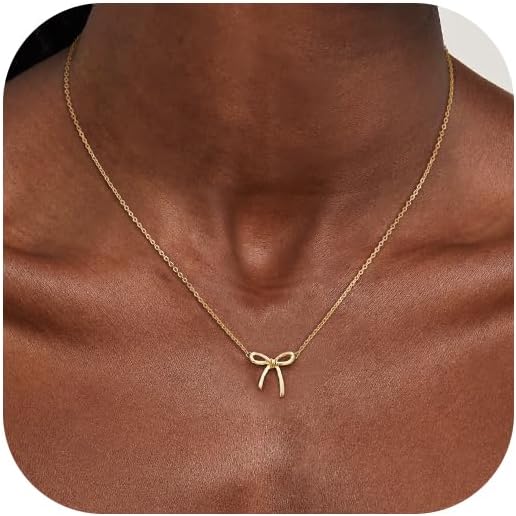 Gold & Silver Bow Necklace For Women 14K Dainty Gold Necklace With Tiny Bow Pendant & Matching Bow Earrings