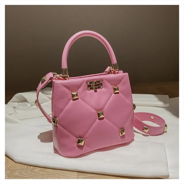Rivet Bucket Large Capacity Rhombus Portable Messenger Bag Pink - Shop at LoveMi