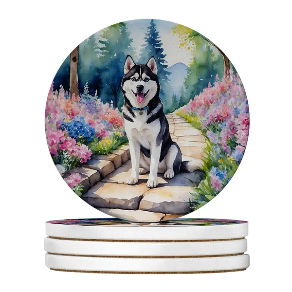 Silky Terrier Spring Path Large Sandstone Coasters Pack Of 4 Absorbent Round Coa