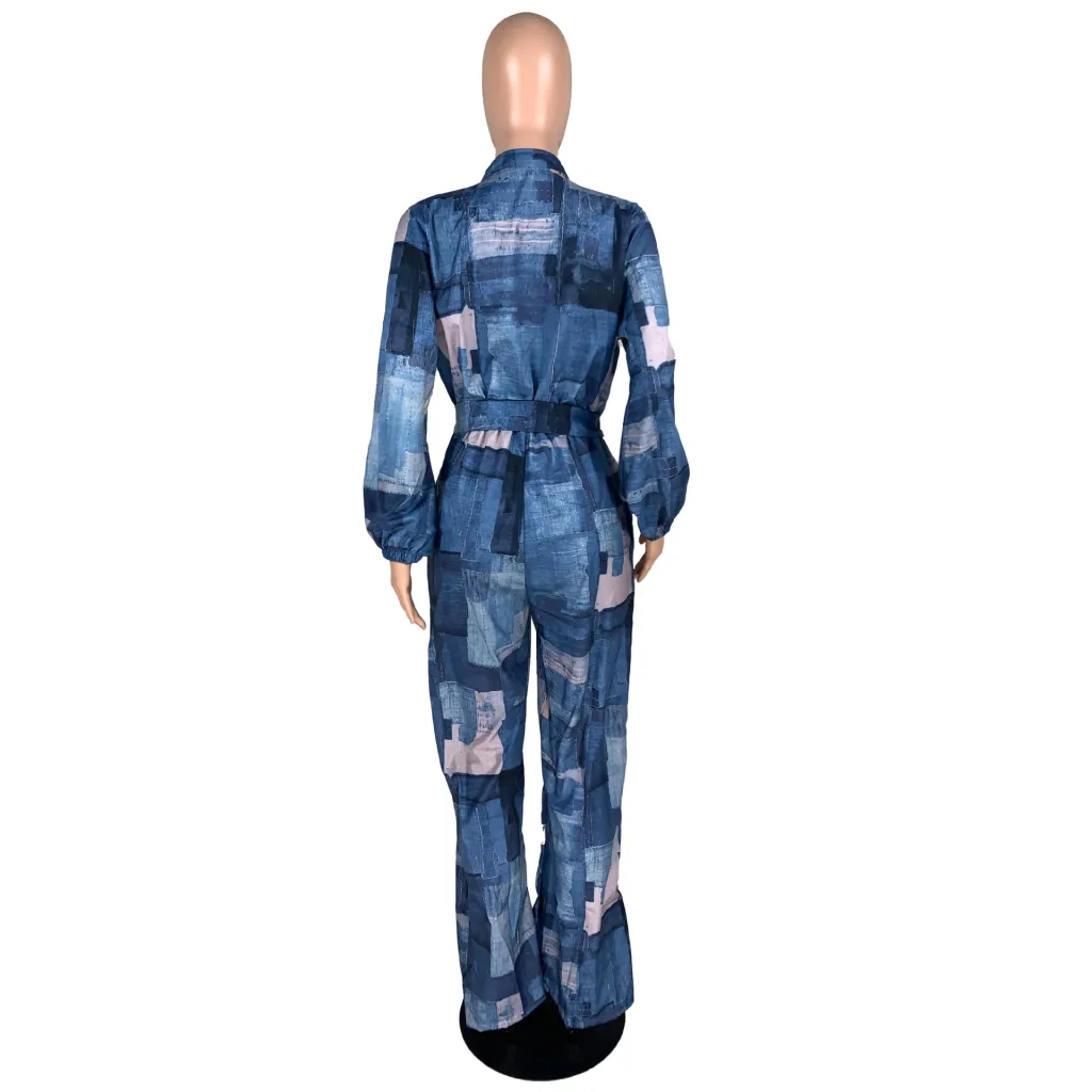 Faux Denim Print Loose Belt Wide-Leg Loose Jumpsuit - Blue